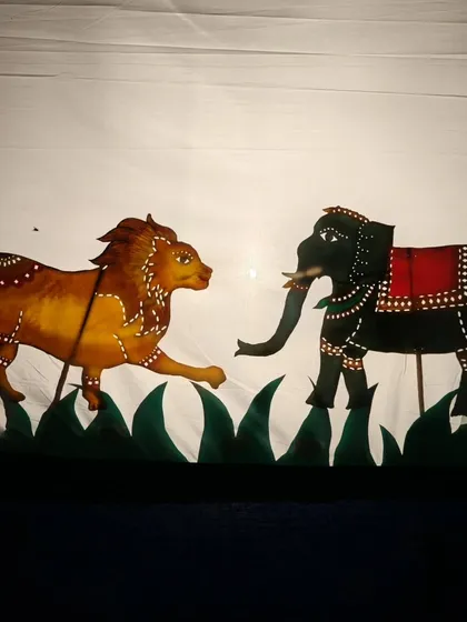 Another beautiful scene from our shadow puppet show, depicting a lion and an elephant. These performances are a wonderful way to introduce children and adults to Indian folklore and the visual art of Chitrakathi.