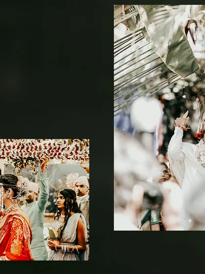 A collage capturing the dynamic moments of a wedding ceremony, from the groom's joyful expression to the traditional rituals.