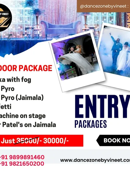 This outdoor entry package includes everything you need for a spectacular wedding entrance. We provide matkas with fog, cold pyros, confetti, a fog machine, and flower petals for the Jaimala.