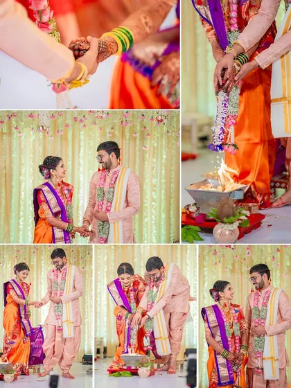 A detailed look at the rituals around the sacred fire, including the 'saptapadi' and the joining of hands.