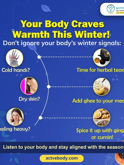 Your body craves warmth this winter, and you should listen to its signals. This infographic connects symptoms like cold hands and dry skin to Ayurvedic solutions like herbal teas and adding ghee to your meals.