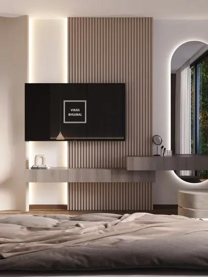A 3D render of a proposed bedroom design, showcasing a minimalist TV unit with fluted paneling and an integrated vanity. This visual helps clients see their future space before construction begins.