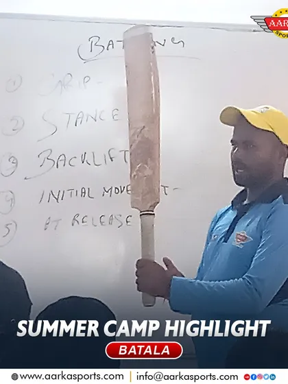 A coach demonstrating the fundamentals of batting during a classroom session at our summer camp. We teach the 'why' behind every technique.