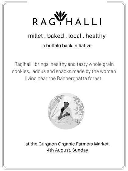 A poster for Ragi Halli, a women's collective from Bengaluru, showcasing their millet-based cookies and snacks.