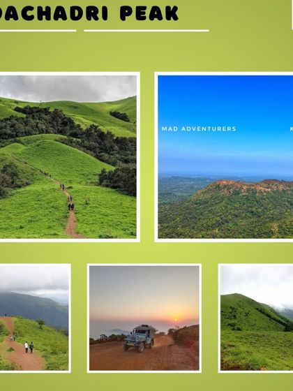 A collage showing the various landscapes of the Kodachadri trek, from green peaks to the thrilling jeep ride.