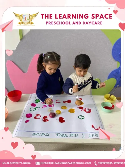 Another angle of our fruit and vegetable printing activity. Using real vegetables as stamps provides a unique sensory experience and a connection to the food we eat.