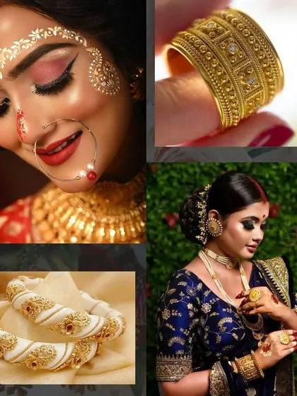 This collage captures the essence of a Bengali bride, from the iconic 'shakha pola' bangles to the artistic 'chandan' designs on the forehead.