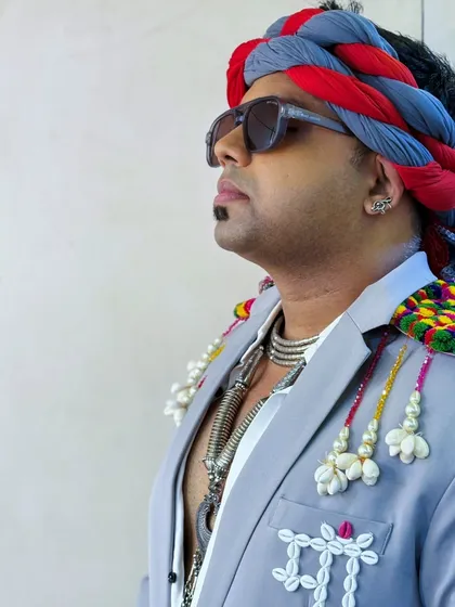 A close-up of my Day 6 Navratri outfit. The details matter, from the layered necklaces to the intricate turban, all contributing to the festive look.