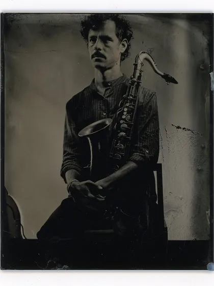 A classic portrait of a saxophonist, made with the 19th-century wet plate collodion technique, offered during our special portrait sessions at the studio.