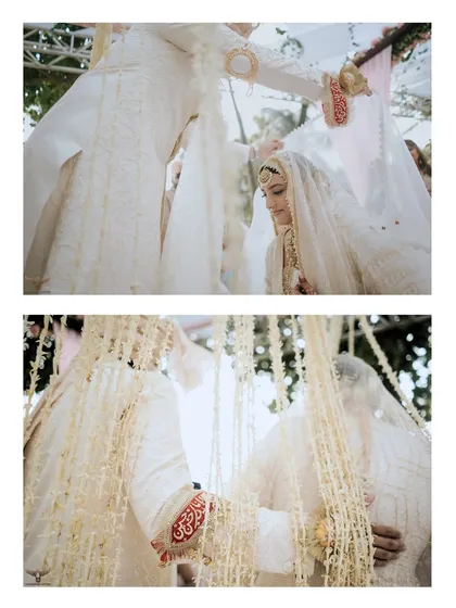 Details of the Nikaah ritual. This collage shows the groom's hand with the bride's name in henna and the couple's hands joined, symbolizing their union.