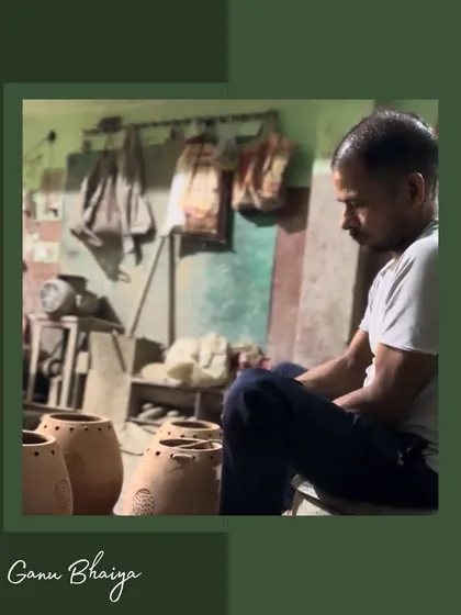 Here is Ganu Bhaiya, another skilled member of our artisan community, carefully inspecting newly crafted terracotta pots. His focused dedication is a testament to the quality and care embedded in each piece.