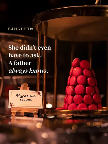 Love isn’t always spoken; sometimes, it’s served as a surprise. The bride’s father knew how much she adored macarons, so we worked with him to create this beautiful macaron tower just for her. It’s these personal touches that transform a meal into a cherished memory.