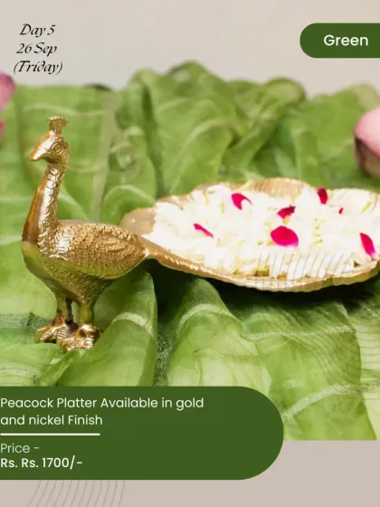 The peacock platter, available in gold and nickel finishes, is a graceful piece for serving prasad or holding flowers during Navratri celebrations.