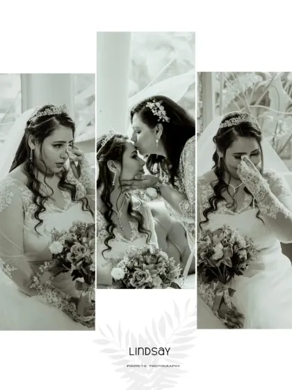 A touching black and white collage of the bride's emotional moments with her mother, capturing tears of joy and love.