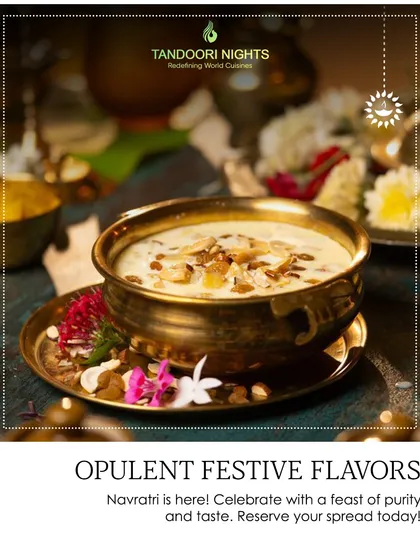 Experience opulent festive flavors this Navratri. A rich, creamy kheer served in a traditional brass bowl, garnished with nuts, ready to make your celebration a feast of purity and taste.