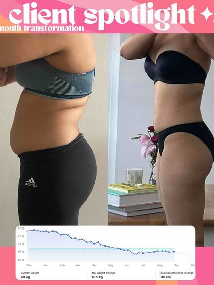 A 9-month, 23lb transformation for this amazing client. She dealt with illness, holidays, and a busy life but persevered. This is what real-world progress looks like.