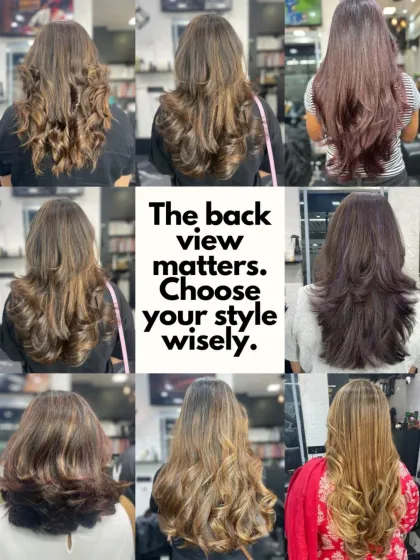 A collage showing the back view of nine different hairstyles, reminding clients that the back view matters and to choose their style wisely.