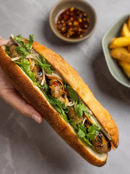 Our Bánh Mì, inspired by a trip to Vietnam. It’s a lesson in balance, with grilled pork patties, chicken liver pâté, fresh herbs, and chili caramel in a crisp baguette.