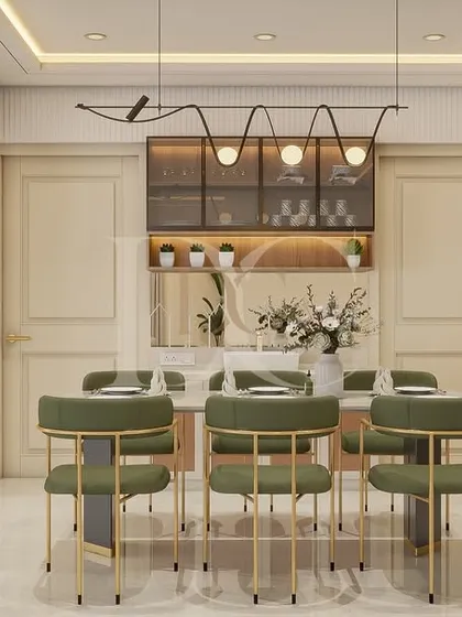 A closer look at a dining setup where we combined a six-seater table with a modern, artistic light fixture. A floating crockery unit with glass shutters provides storage without taking up floor space, keeping the area feeling open.