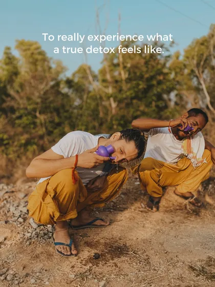 A true detox involves cleansing practices like Jala Neti (nasal cleansing). Here, students learn this traditional kriya outdoors, connecting with the purifying elements of nature.