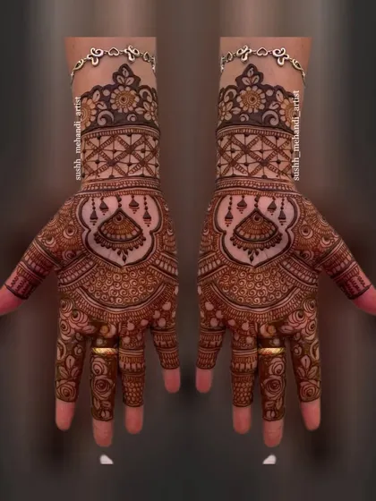 A beautiful design for the back of the hands, featuring jhumka motifs and delicate check patterns.