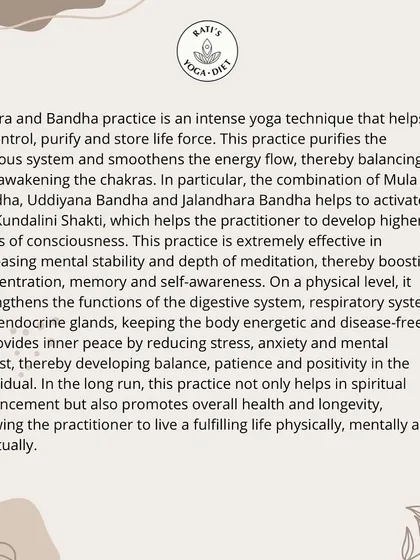 A detailed text explanation of the benefits of Mudra and Bandha practice. This advanced yogic technique purifies the nervous system, activates chakras, and enhances mental stability and spiritual growth.