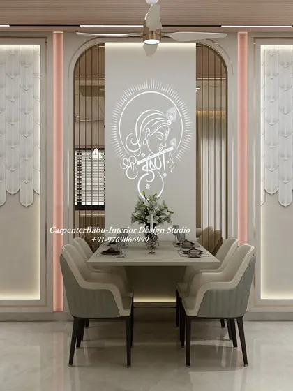 A stunning dining room featuring a backlit Krishna motif on a glass panel. The surrounding wall panels and elegant chairs create a space that is both divine and perfect for entertaining.