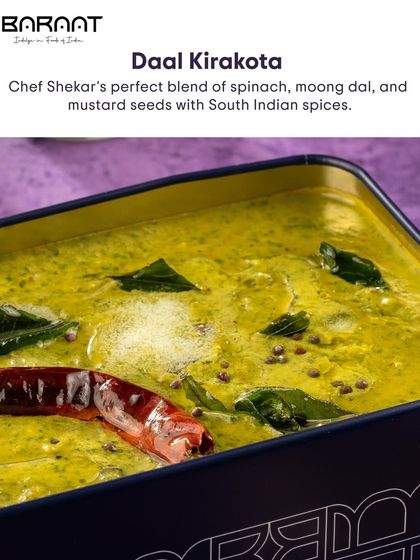 Another look at our Dal Kirakota, a perfect blend of spinach and moong dal, served in our signature tin box.