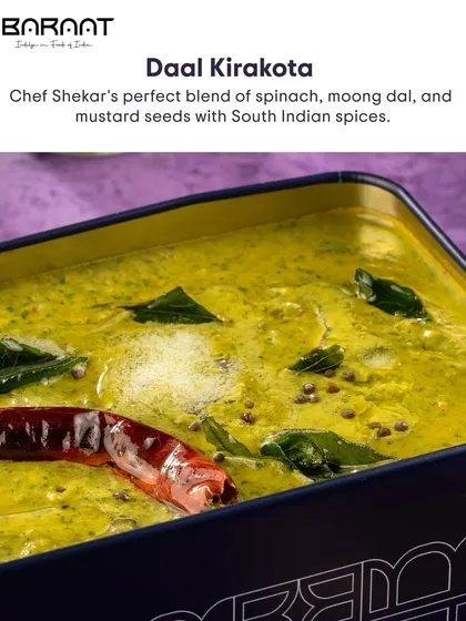 This is Chef Shekar's perfect blend of spinach, moong dal, and mustard seeds with South Indian spices, my Dal Kirakota.