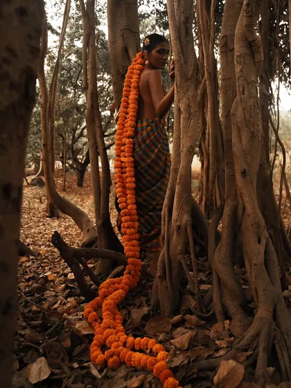 This image from our 'Devi in the Woods' series uses a long garland of marigolds as a dramatic extension of the model's hair, blending her into the wild, organic landscape.