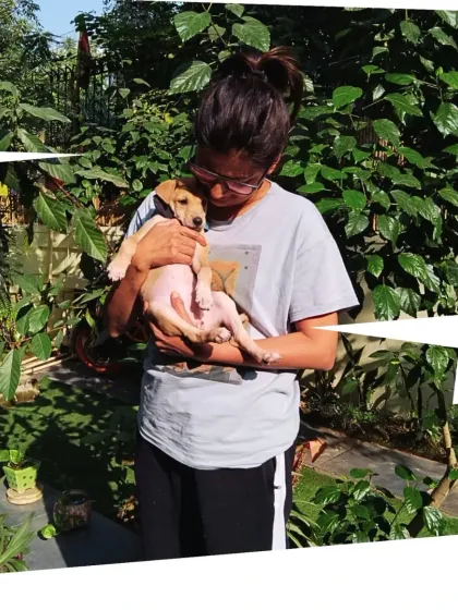 Vizal holding Bo Peep, surrounded by the lush greenery of our facility. We believe a natural, calm environment is crucial for a pet's well-being.
