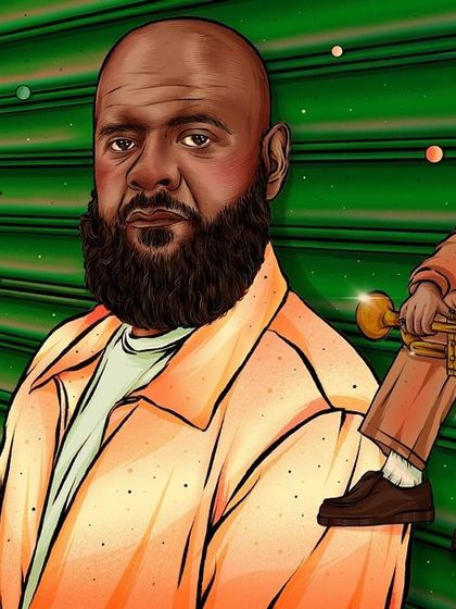 A portrait of trumpeter Dave Guy of The Roots and The Dap-Kings, created for a Bandcamp feature. The illustration splits the focus between the artist and his instrument.