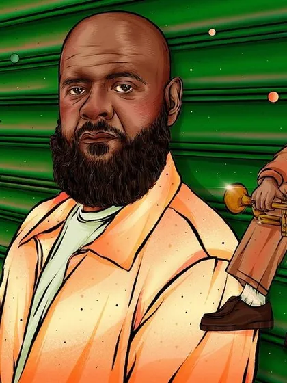A portrait of trumpeter Dave Guy of The Roots and The Dap-Kings, created for a Bandcamp feature. The illustration splits the focus between the artist and his instrument.