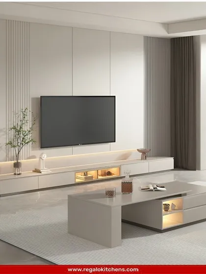 A clean, expansive media unit in a neutral palette. The long, floating console is paired with a matching coffee table, creating a harmonious and modern living space.
