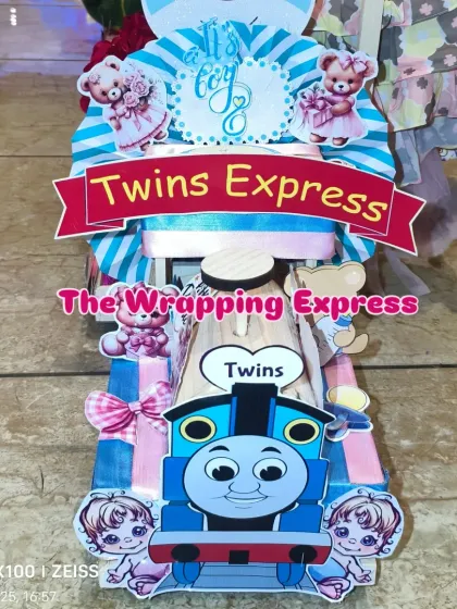 I also make hampers for twins. This 'Twins Express' train is designed with pink and blue elements for a boy and girl.