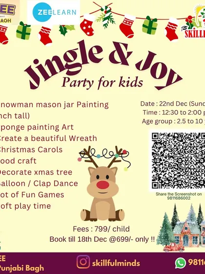 Our Jingle & Joy Party poster, offering a range of Christmas crafts like snowman mason jar painting and wreath making, along with carols, games, and soft play time.