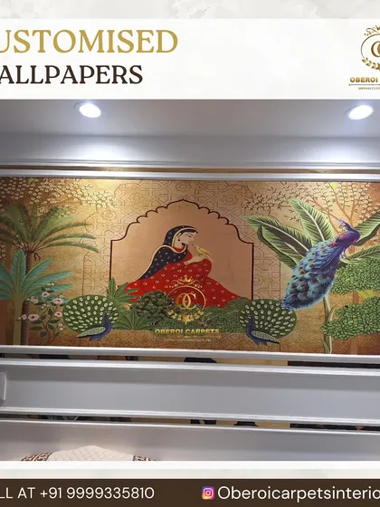 This custom wallpaper showcases a traditional Rajasthani art style, bringing a touch of cultural heritage and elegance to the space.