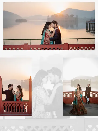 A classic golden hour pre-wedding photo session at Jal Mahal. The warm sunset tones, the serene water, and the silhouette of the Water Palace create a perfect backdrop for romantic couple portraits like these ones for Mukesh and Jagrity.