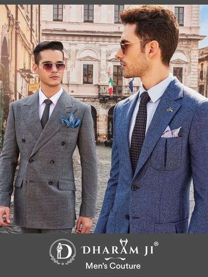 Showcasing two different styles of suits. On the left, a grey double-breasted suit, and on the right, a textured blue single-breasted suit, both tailored to perfection.