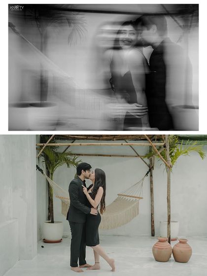 A creative collage combining a motion blur effect with a sharp, romantic kiss. This contrast adds an artistic and dynamic quality to their indoor pre-wedding photos.