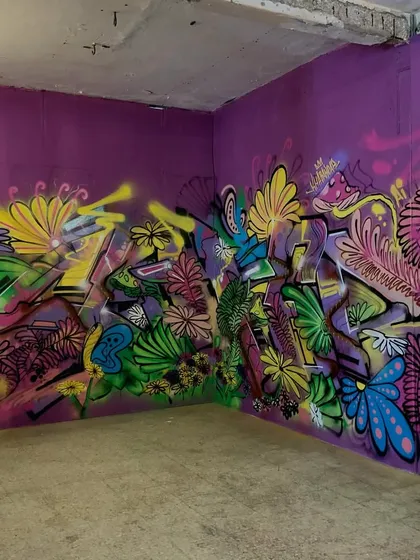 I can turn an entire room into a different world. This project was a full-room mural, wrapping the walls in a psychedelic jungle of flowers and nature-inspired graffiti, creating a completely immersive and vibrant space.