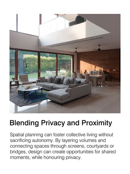 In the 'House of Bridges', we blend privacy and proximity. Layered volumes and large openings connect the main living area to the garden, while an upper-level bridge offers a separate, more private vantage point.