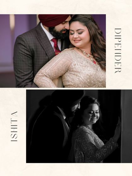 A diptych of Ishita and Dipender, blending a color close-up with a moody black and white shot. This contrast highlights the different facets of their connection, from tender to timeless.