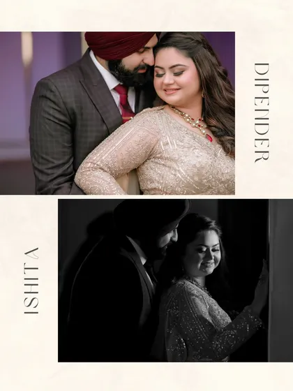 A collage of Ishita and Dipender's portraits, mixing a color shot with a moody black and white image to showcase different facets of their connection.