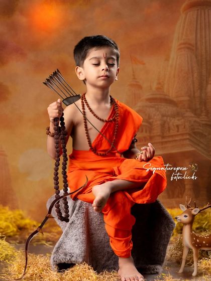 A young Rama in quiet meditation. We meticulously style each element, from the saffron robes and rudraksha beads to the bow and arrow, to create an authentic and respectful portrayal.