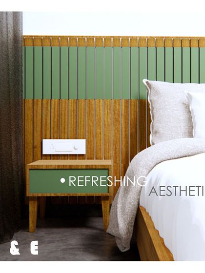 A render focusing on the bedside table and headboard, illustrating our concept for a refreshing aesthetic using green and natural wood tones.