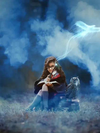 Casting a Patronus charm. This stunning visual effects shot creates a powerful and mystical scene, perfect for any Harry Potter fan.