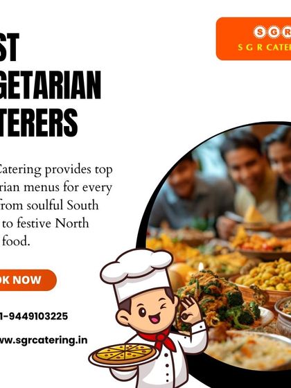 We provide top vegetarian menus for every event, from soulful South Indian to festive North Indian food. This graphic, with a chef cartoon, emphasizes our commitment to great taste.