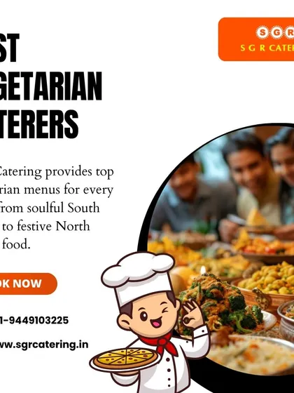 We provide top vegetarian menus for every event, from soulful South Indian to festive North Indian food. This graphic, with a chef cartoon, emphasizes our commitment to great taste.