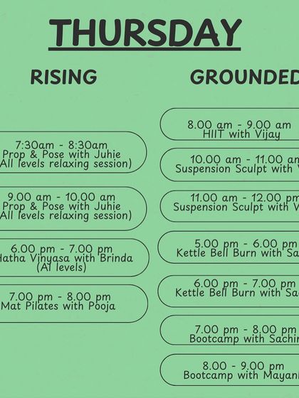 Our Thursday schedule is packed with options like Prop & Pose Yoga, HIIT, Suspension Sculpt, Mat Pilates, and Bootcamp to keep you moving.